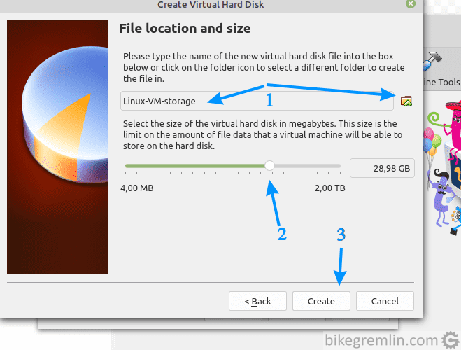 Choose the directory name where VM will be stored (1) and how much storage space will be allotted to it (2), then click "Create" (3)