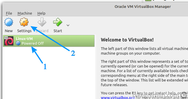 Select the created VM (1) and click on "Settings" (2)