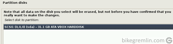 Choose the disk where Kali Linux will be installed (on my VM there is only this one disk available, so not much of a choice) Then click "Continue"