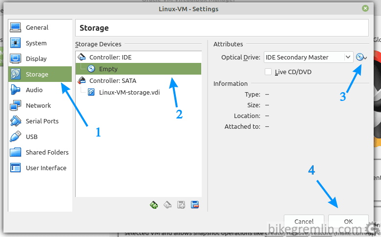 Kliknite na "Storage" (1), birajte ikonu CD-ROM-a (2) i izaberite .iso fajl (3) sa instalacijom OS-a (ponudiće browsing meni) - zatim kliknite na "OK" (4)