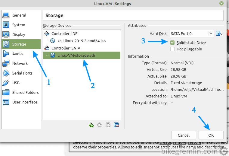 Ako koristite SSD, kliknite na "Storage" (1), izaberite VM fajl (2) i čekirajte SSD (3) - zatim kliknite na "OK" (4)