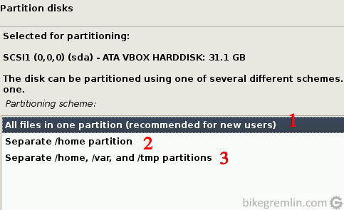 Choose which partitions to create Option (2) is a "classic" Linux setup, but choosing the option (1) can make things simpler with Kali
