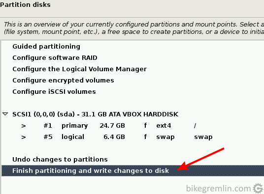 Unless you wish to make some changes, choose "Finish partitioning...", then click "Continue"