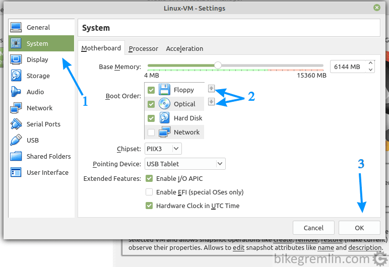 Select "System" (1), select virtual drive and move it up/down boot order list (2), then click "OK" (3)