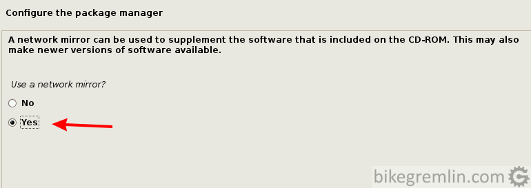 Choose "Yes" for network mirror to get updates over the Internet, then "Continue"