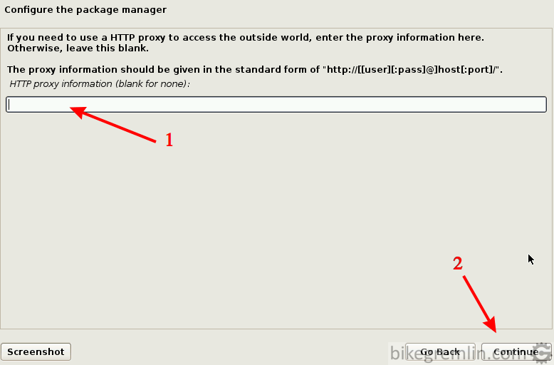 Enter proxy setup if using it (1), click "Continue" (2)