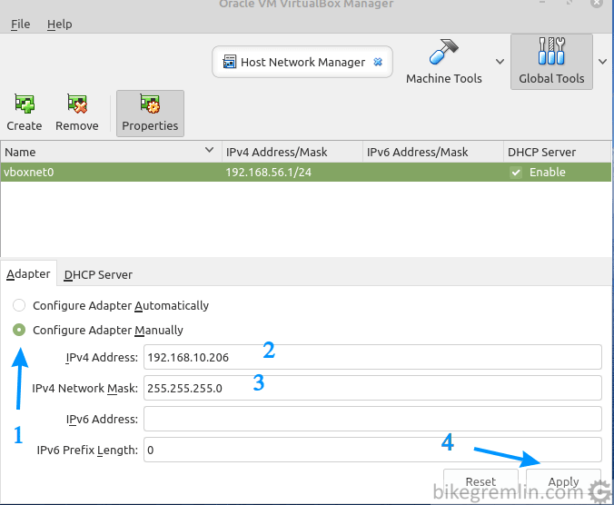 Choose "Configure Adapter Manually" (1), then enter your host computer's IP address (2) and subnet mask (3)