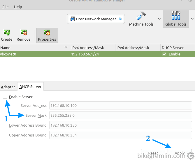 Ili čekirajte "Enable Server" boks i konfigurišite VIrtualBox DHCP, ili ga isključite (1) - onda kliknite na "Apply" (2)