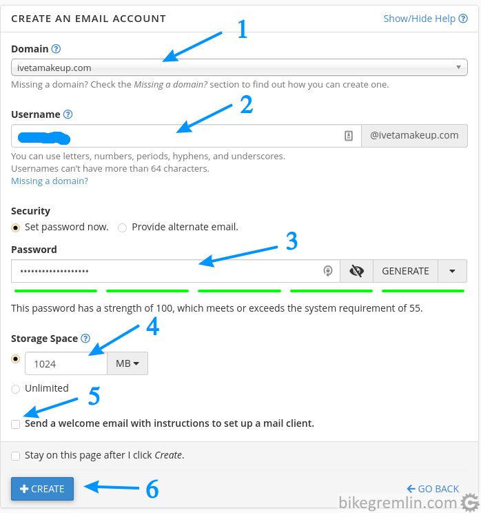 Choose a domain for which you want to create an email address (1) Choose address and password (2 and 3) Limit mailbox size (4) I prefer to check settings from the cPanel, so this is cleared (5) Click "+CREATE" (6) Picture 4