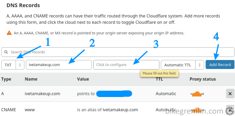 Choose TXT (1), enter your domain name (2), then "click to configure" (3) - it will open a window to add the SPF record When done, click "Add Record" (4)