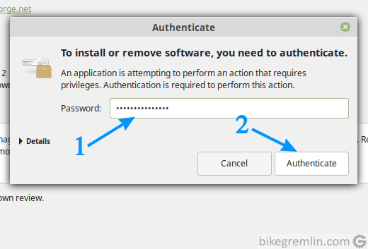 Authenticating the install with a root password (1), then click 