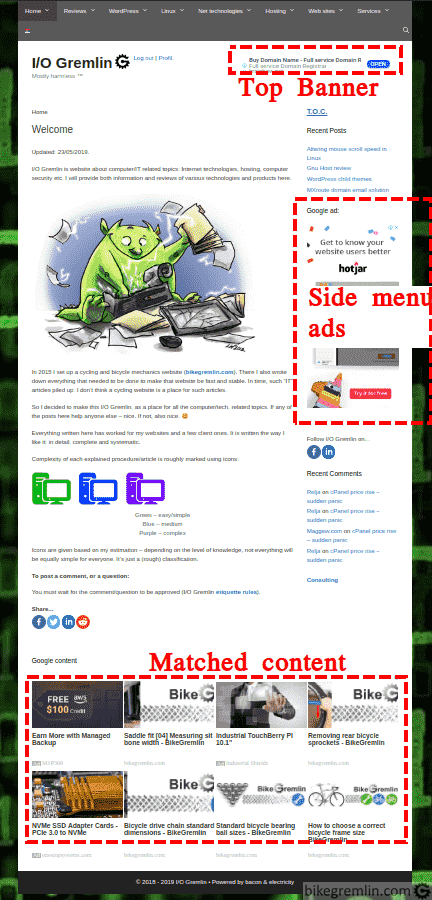 Raspored reklama na strani: banner na vrhu, reklame u bočnom meniju i "Matched content", koji prikazuje kombinaciju linkova sa sajta i reklama