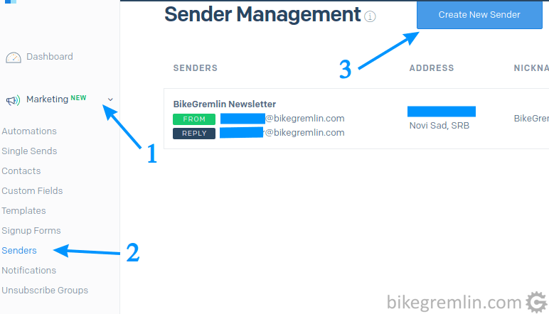 From the main (side) menu choose "Marketing" (1), then "Senders" (2) and click on "Create New Sender" (3)