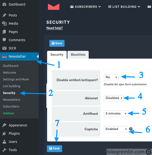 Choose options to your liking. If using Akismet, select "Yes" for (4) Antiflood prevents consecutive subscriptions from the same IP address (5)