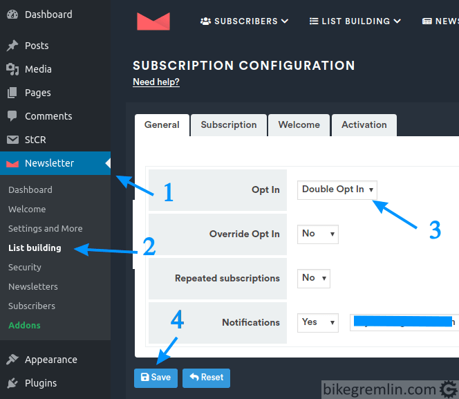 Newsletter plugin double opt-in setup