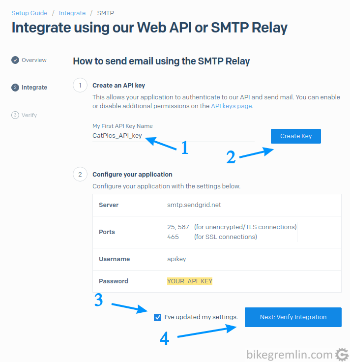 Unesite ime za novi API ključ (ako niste već napravili jedan) (1). Kliknite na "Create Key" (2) - novi ključ će biti kreiran i automatski unešen u "Password" polje. Čekirajte "I've updated my settings" (3) - nemojte samo zaboraviti ažuriranje SMTP podataka u mejl klijentu/aplikaciji. Na kraju kliknite na "Next: Verify Integration" (4).