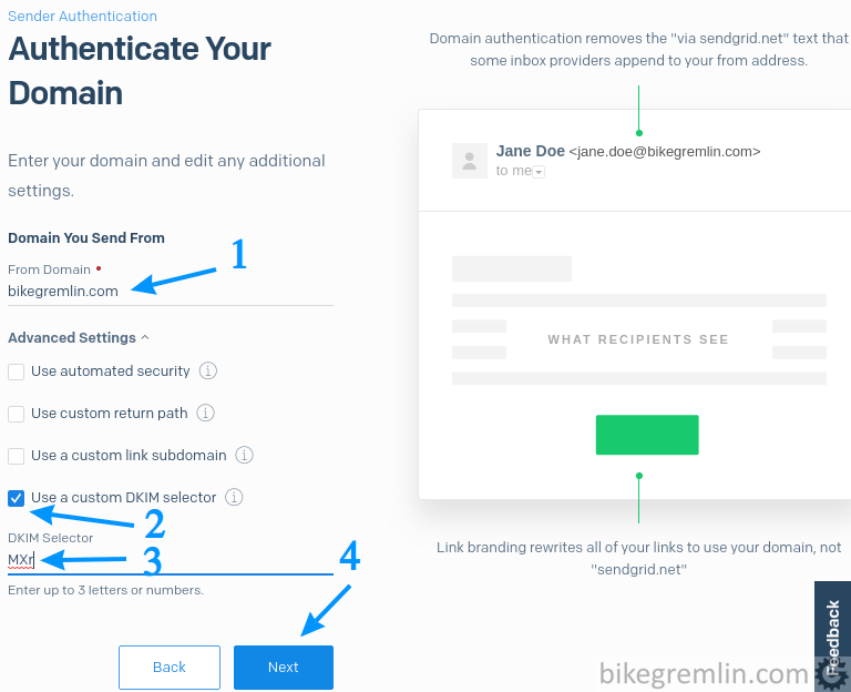 Enter your domain (1) Choose DKIM validation (2) Name the DKIM selector (3) Click "Next" (4)