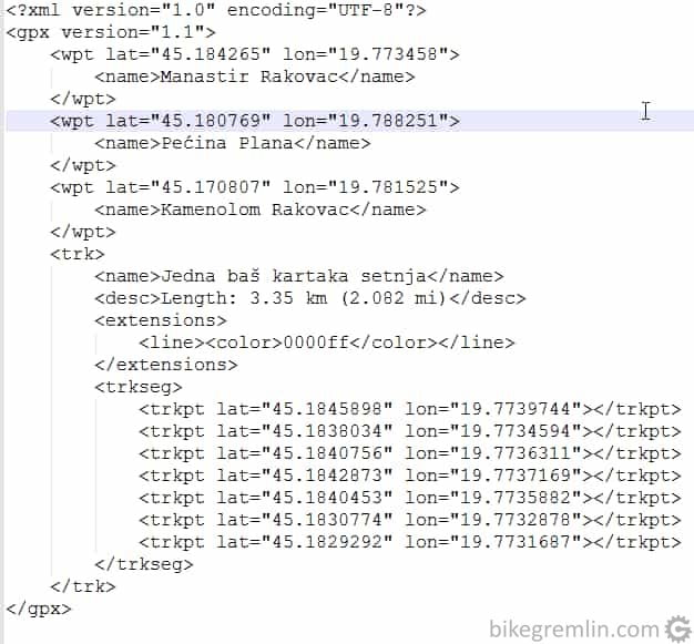 Primer jedne baš male šetnje sa samo nekoliko Mrvičnih tačaka kako bi izgledao zapisan u gpx datoteci