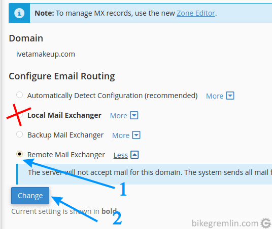 Selektujte "Remote Mail Exchanger" (1) i kliknite na "Change" (2)