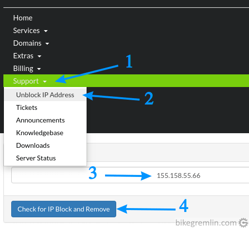 How to unblock your IP address from hosting provider's customer/user control panel.