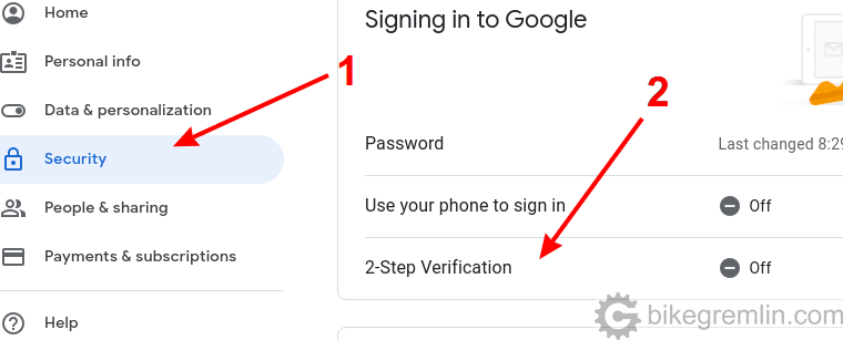 Idite na Security (1), pa izaberite "2-Step Verification" (2)