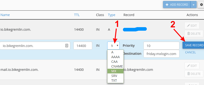 Choose record type (1) Edit all the fields as needed Click "SAVE RECORD" (2)