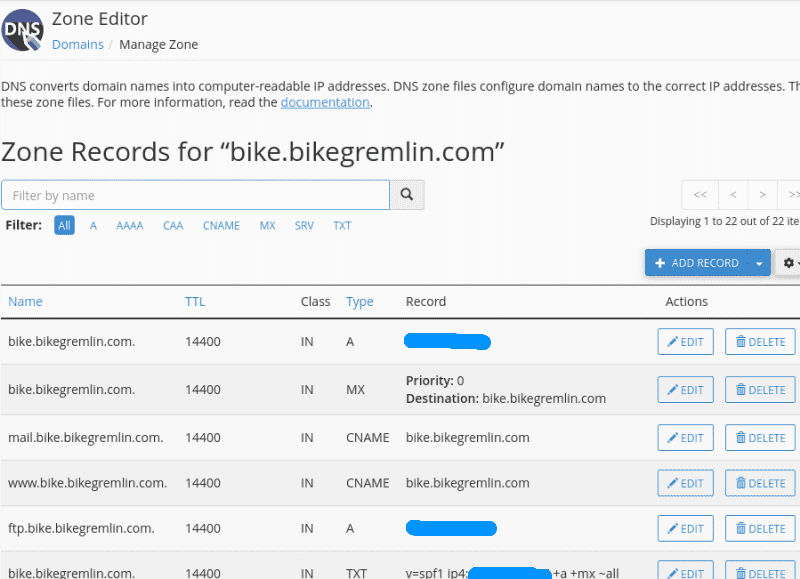 cPanel DNS records management