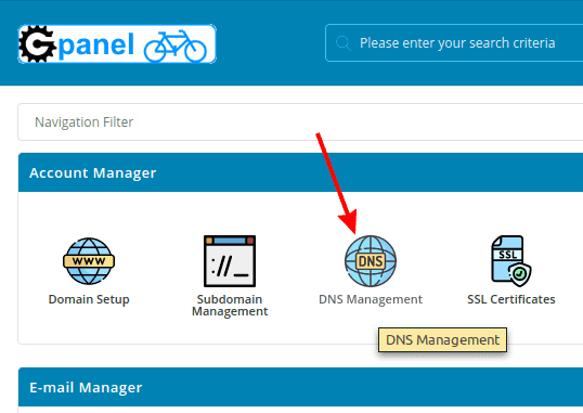 Pod "Account Manager" opcijama, kliknite na "DNS Management"