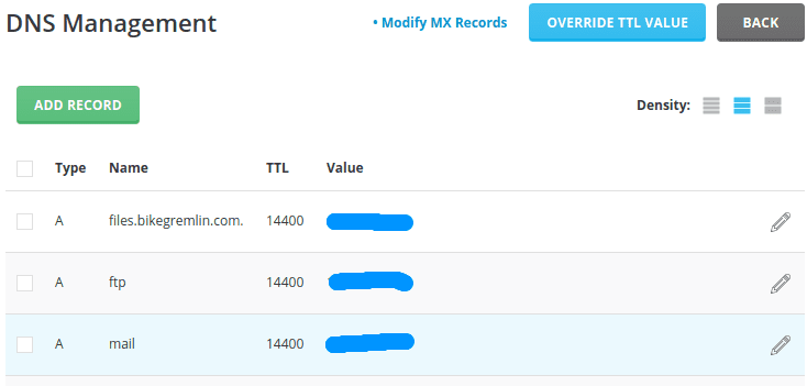 DirectAdmin DNS management menu