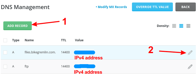 Now you can add a new DNS record (1) or edit an existing one (2)