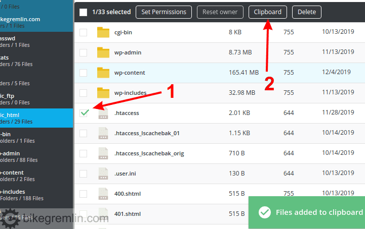 DirectAdmin file manager selekcija fajlova i smeštanje u "Clipboard"