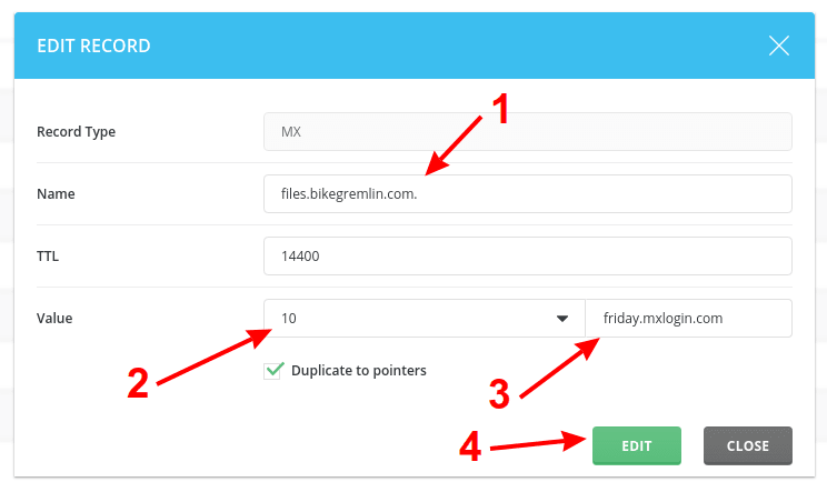 Enter domain name (1) - note the full stop at the end Set priority (2) and where the record points to (3) Click on "EDIT" (4) to save the changes