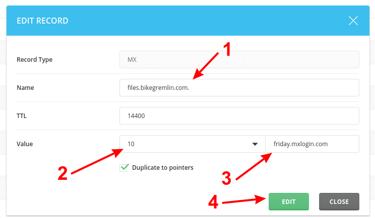 Unesite ime domena (1) - obratite pažnju na tačku na kraju Podesite prioritet (2) i kuda zapis pokazuje (3) Kliknite na "EDIT" (4) da biste snimili izmene