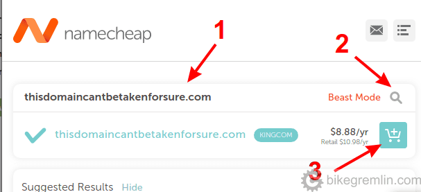 Unesite ime domena (1), pritisnite enter, ili kliknite na pretragu (2), onda idite na kupovinu/registraciju (3)