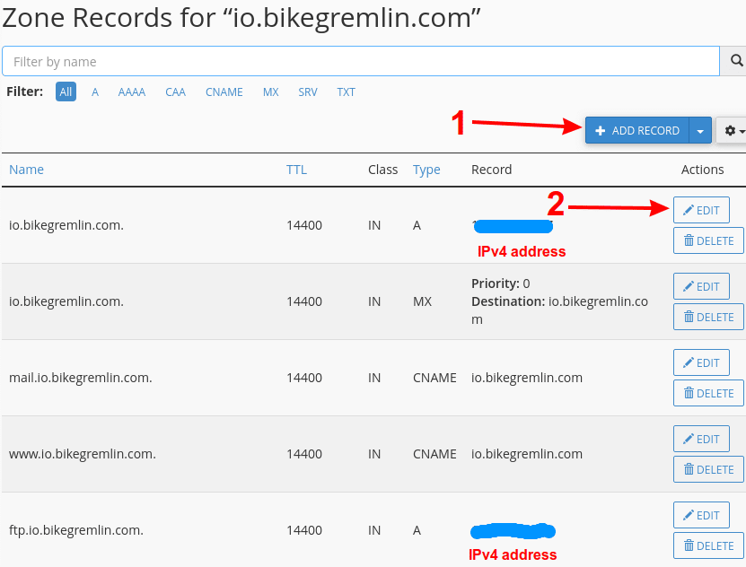 Možete dodati nove DNS zapise (1) I izmeniti postojeće (2)