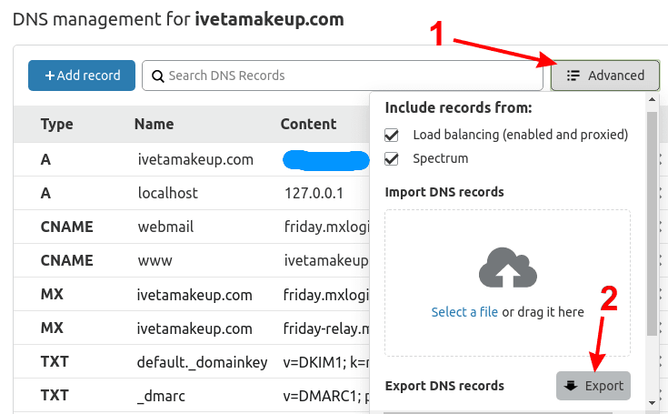 Cloudflare opcije za eksport postojećih DNS zapisa