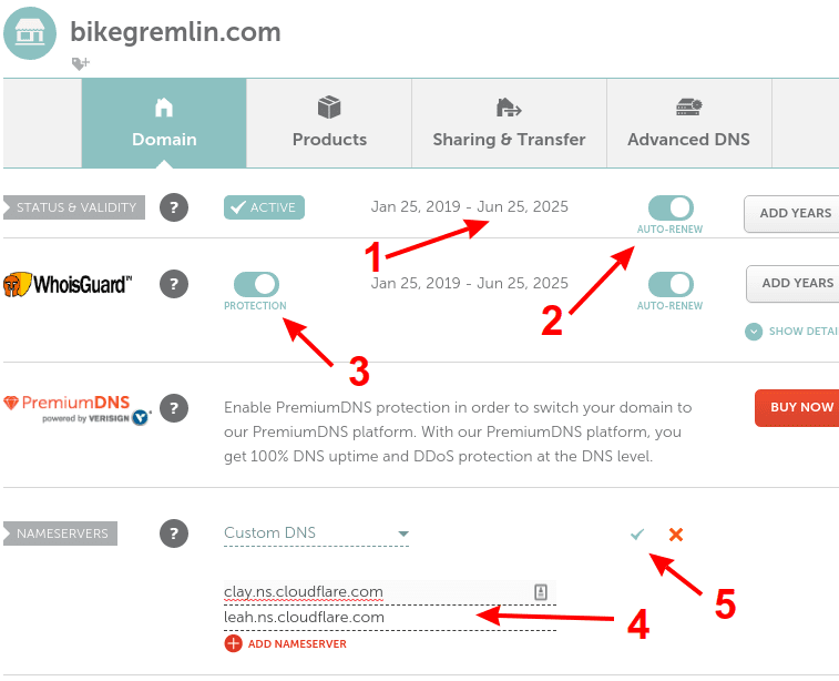 Custom nameserver setup, domain auto renewal and WHOIS protection enabling