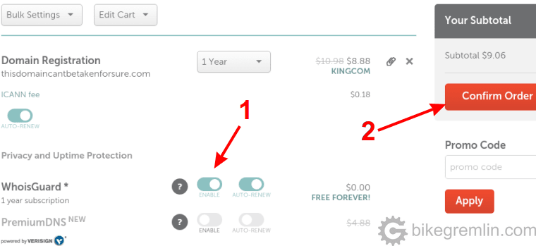 Aktivirajte WHOIS zaštitu ako je isključena (1) i potvrdite registraciju domena (2)