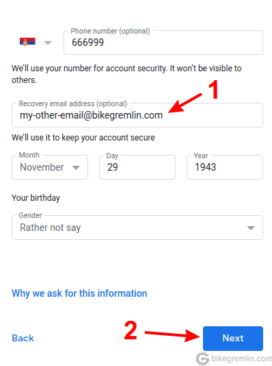 Entering a recovery email account and some personal information