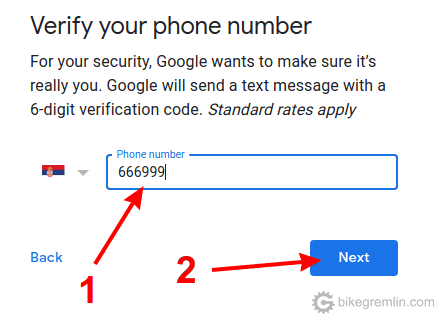 Izaberite svoju zemlju i unesite broj mobilnog (1), zatim kliknite na "Next" (2)