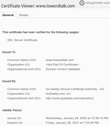 DV SSL/TLS certificate example