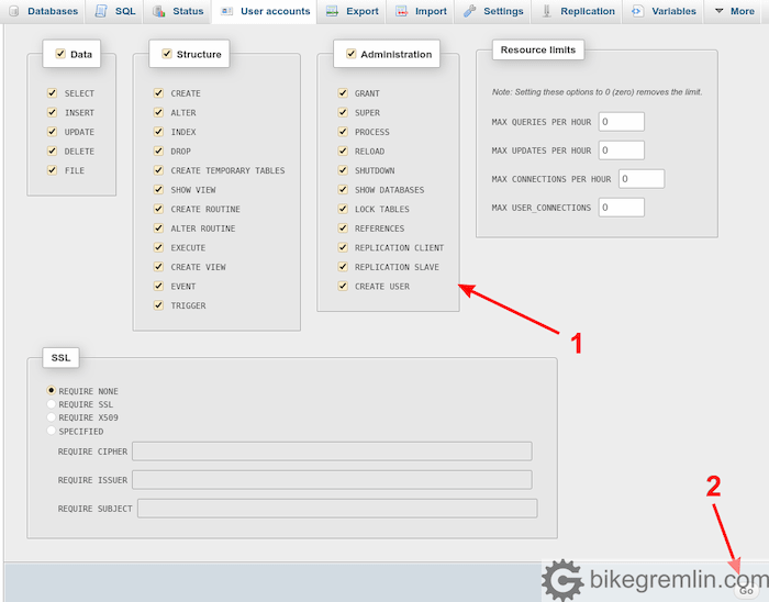 Adding desired user privileges in PhpMyAdmin