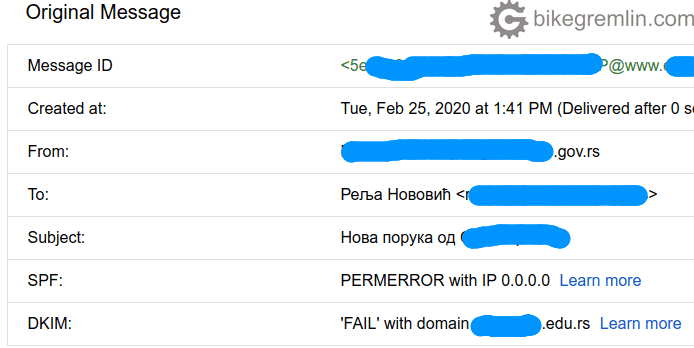 Još jedan primer zaglavlja mejla koje ne prolazi SPF i DKIM validaciju