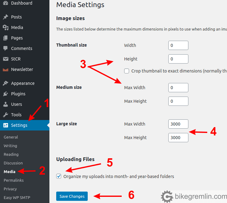 WordPress backend media podešavanja