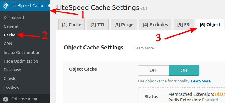 LiteSpeed Cache opcije za object cache