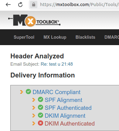 Rezultat analize zaglavlja mejla pomoću MXtoolbox