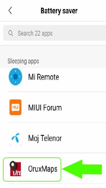 Izbor OruxMaps aplikacije za izmenu njenog "battery saving" režima