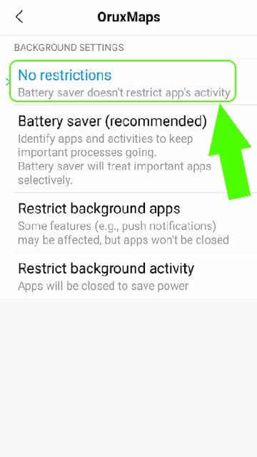 Option that completely disables battery saving for the application, allowing it to work properly in the background