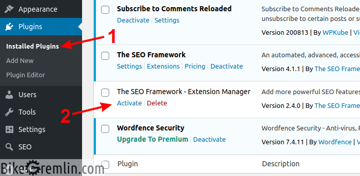 Activating TSF Extension Manager from WordPress back-end