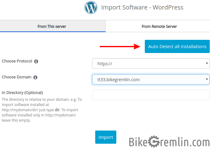 Importing an existing WordPress installation using Softaculous Import Software